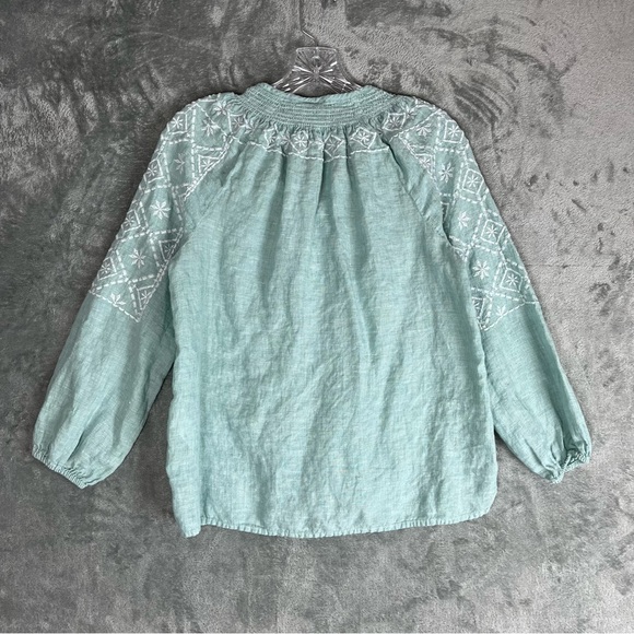 Joie Light Blue 100% Linen Embroidered Peasant Blouse Top Small Lagenlook Tassel - Picture 7 of 14